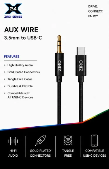 X24 ZIRO AUX Wire - 3.5 mm to USB-C - retail packaging