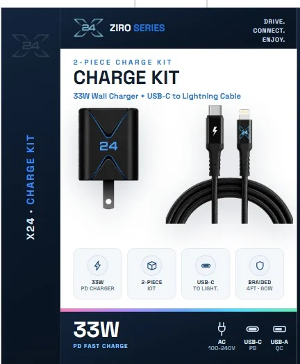 X24 ZIRO Charge Kit - 33W Wall Charger + USB-C to Lightning - retail packaging