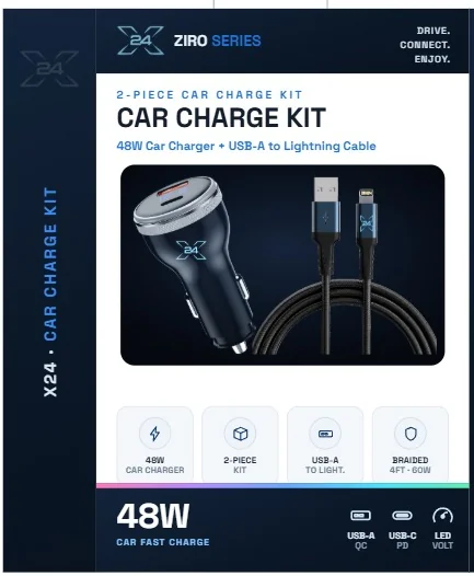 X24 ZIRO Car Charge Kit - USB-A to Lightning - retail packaging