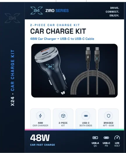 X24 ZIRO Car Charge Kit - USB-C to USB-C - retail packaging