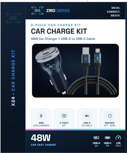 X24 ZIRO Car Charge Kit - USB-A to USB-C - retail packaging