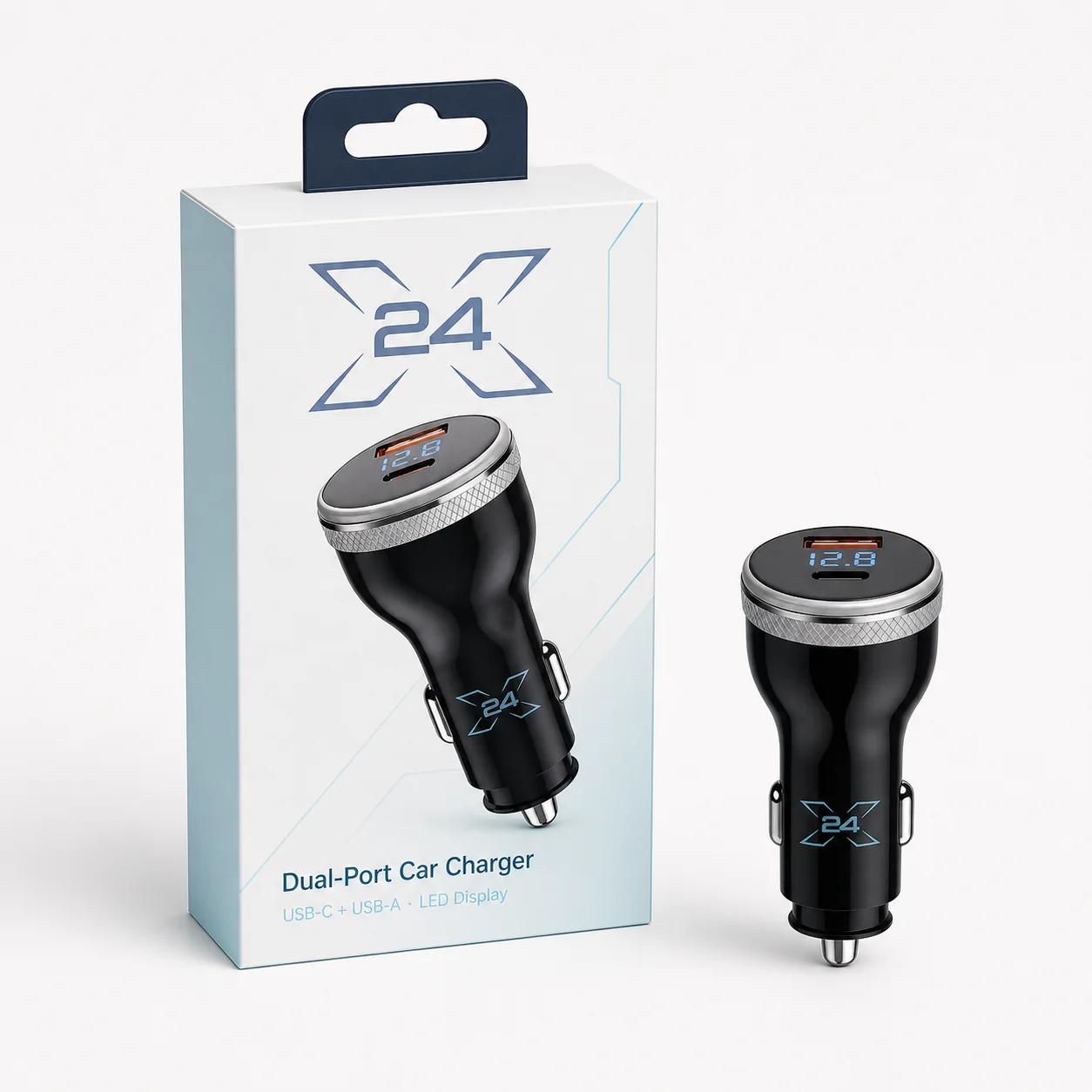X24 dual-port car charger retail box and product